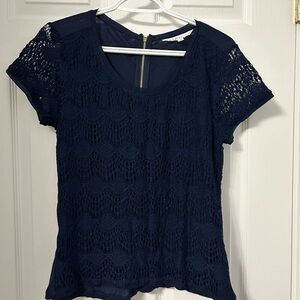 Cleo Blue Short Sleeve Blouse with Lace Pattern